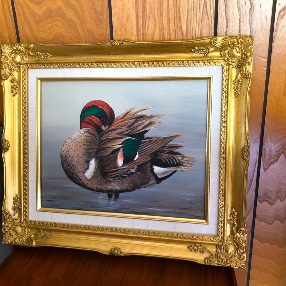 Vintage MCM Signed Green Wing Teal duck artwork beautiful framed painting .‎